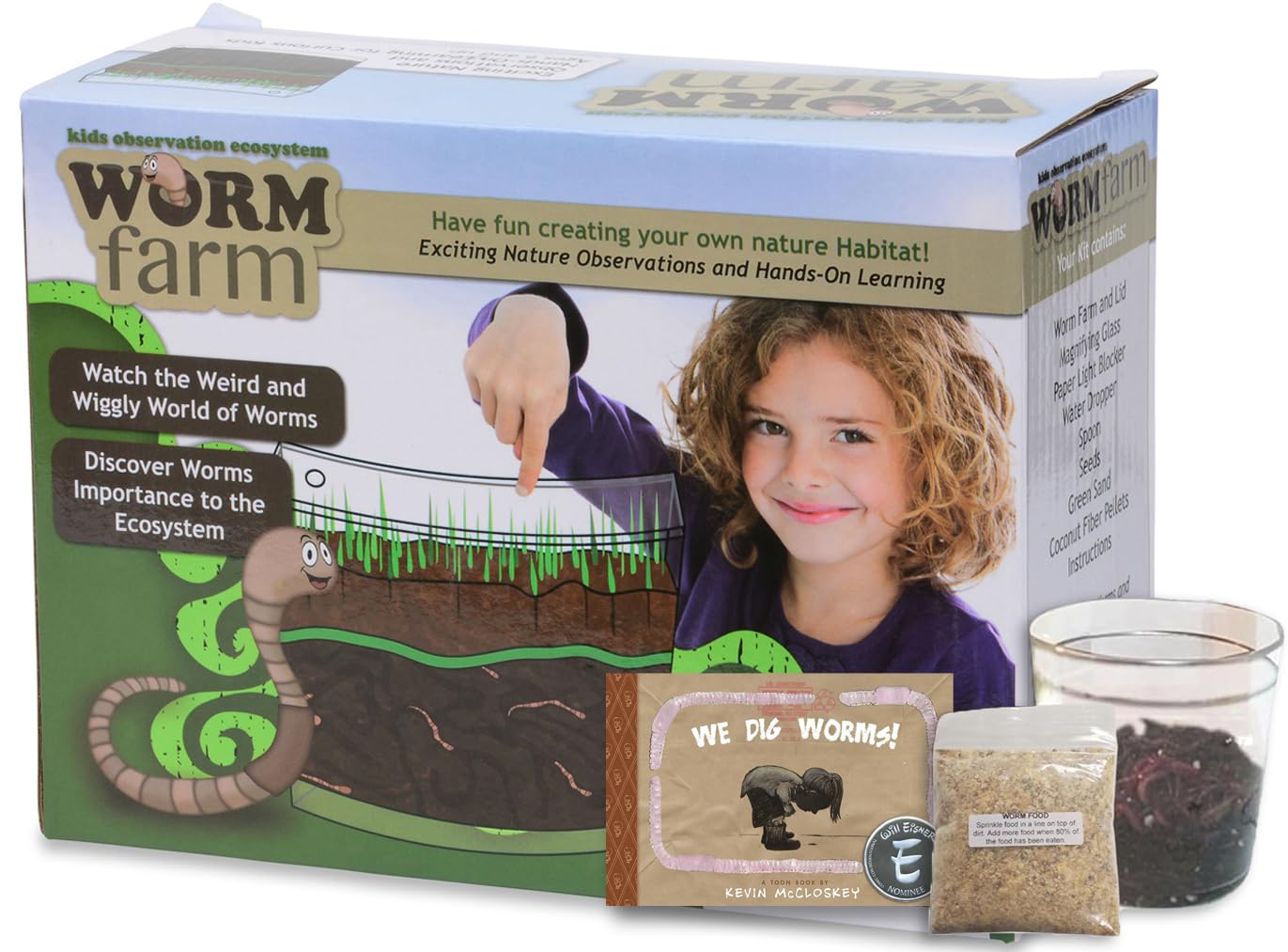 Worm Farm for Kids Shipped with Live Worms, Food & Book - Worm Farm Kit with Ecosystem, Soil, Mixing Sand, Magnifying Glass & More