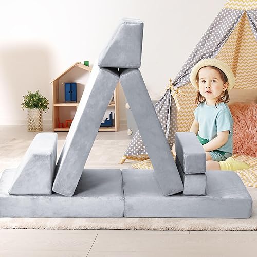 Miniatura 21 de Sofá de juegos para niños, sofá de 10 piezas para sala de juegos y dormitorio, modular para jugar, crear, dormir (rosa) Rosado,Gris,Gris (Grey