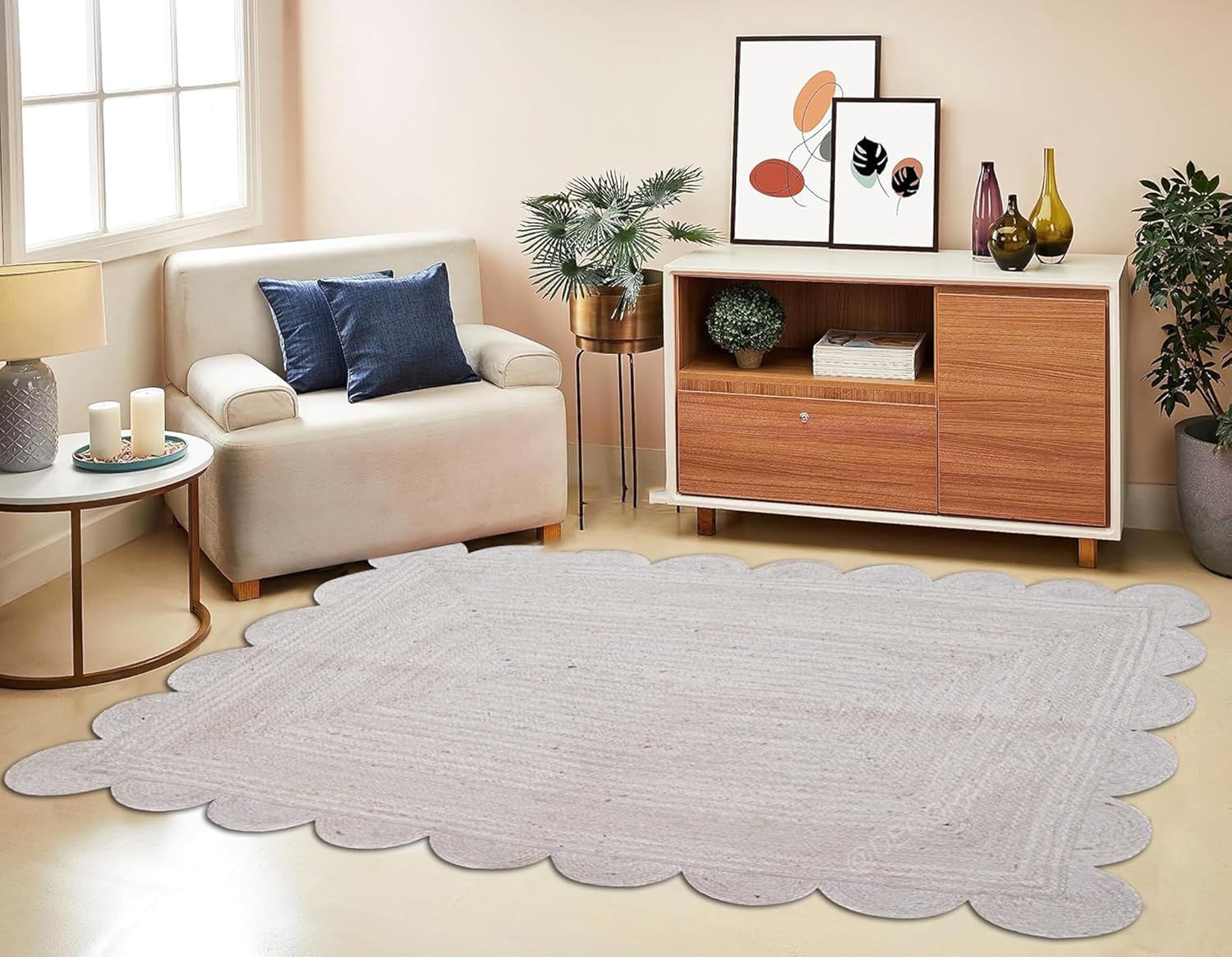 Mrida Weave Handwoven Scalloped Jute Area Rug – Natural Floor Carpet Mat for Living Room, Bedroom, Dining & Entryway Home Décor- 3x12 Feet (91 cmx366 cm) - White