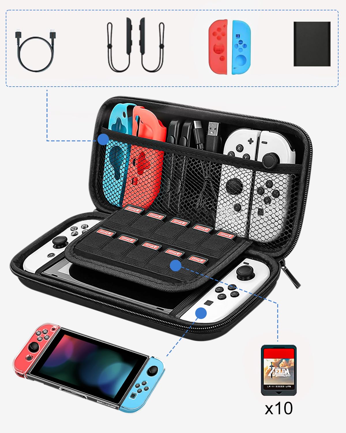Jissta Funda para Nintendo Switch y Switch OLED, Accesorio Carcasa Protector Pantalla Rigido de Transporte, Accesorio Estuche Compatible con Consola Nintendo Switch y 10 Ranuras para Tarjeta