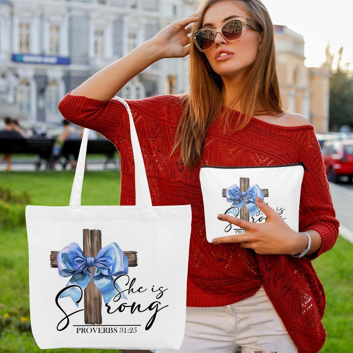 Christian Gifts for Women, Girls Preppy Bow Canvas Tote Bag Makeup Bag Set, Inspirational Bible Verse Religious Gifts Birthday Retirement Anniversary Reusable Grocery Bags Travel Cosmetic Bags - Image 2