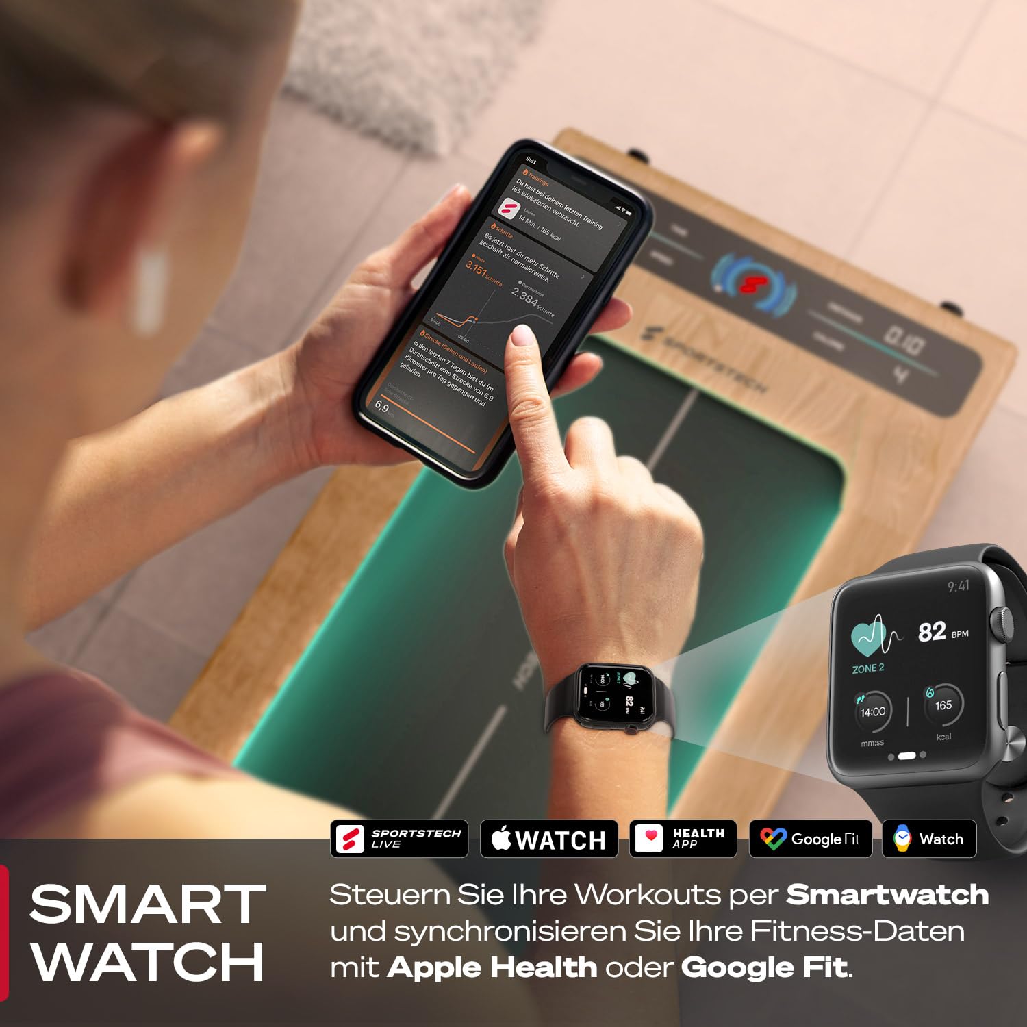 Sportstech sWalk Walking Pad, Laufband für Zuhause klappbar mit Steigung 7,5%, Laufband Schreibtisch, Under Desk Treadmill, 8 km/h, leise, App, LCD Display, bis 120 kg, Homeoffice Fitnessgerät