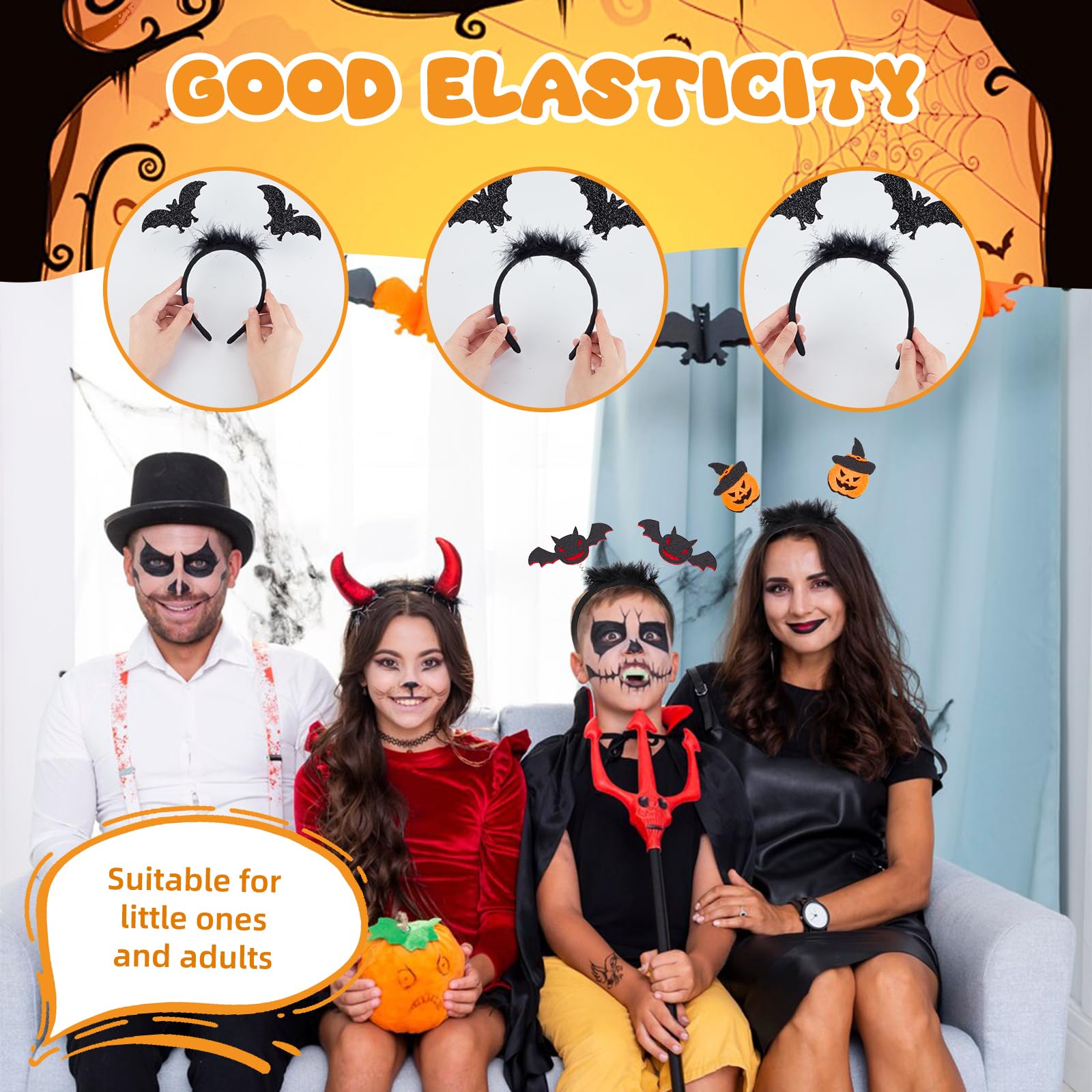 NICENEEDED 8 PCS Halloween Headbands, Spider Web Bat Witch Devil Hair Band Bat Pumpkin Hair Hoop - Image 3