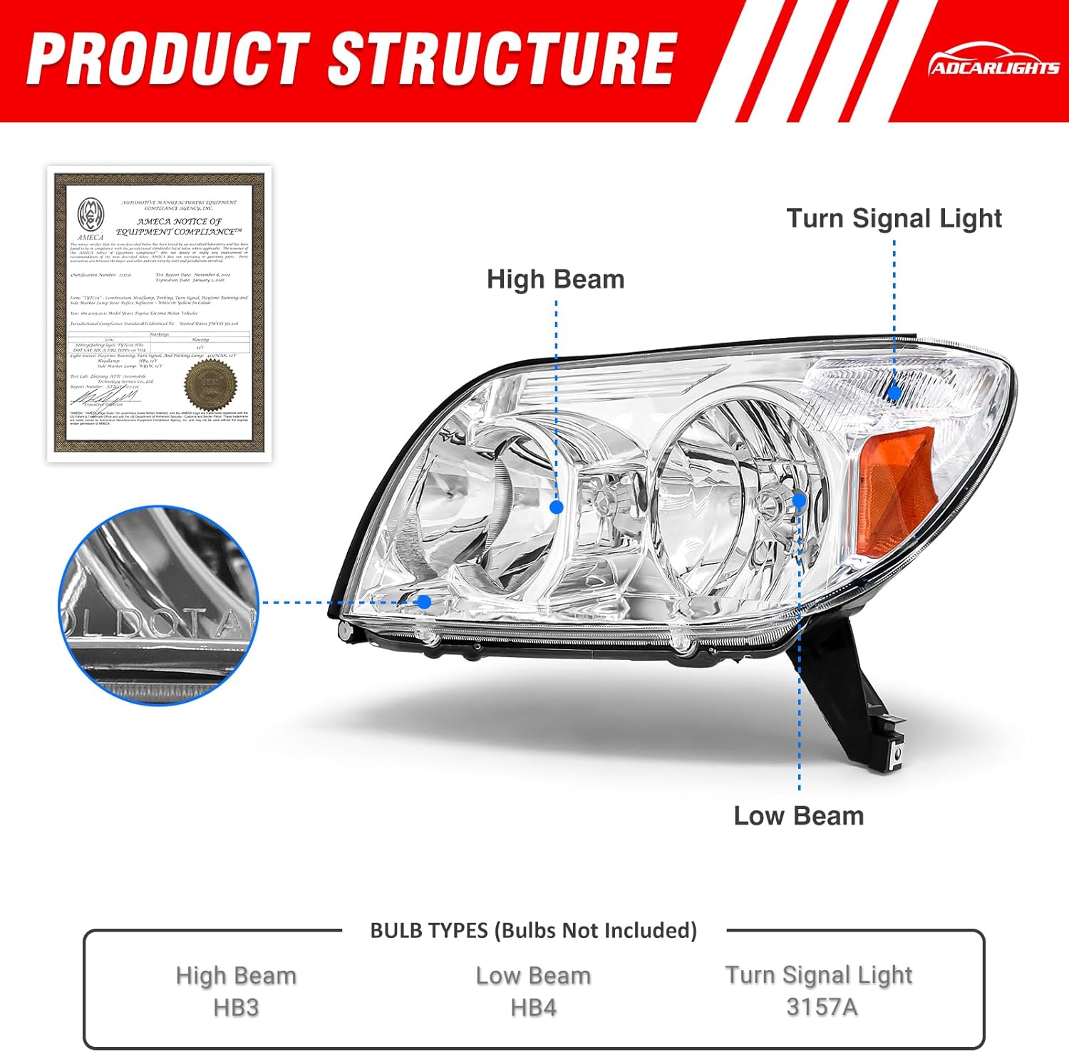 Headlight Assembly for Toyota 4Runner 2003 2004 2005（ 4 Door Limited, Sport, SR5 Utility） Chrome Housing Amber Reflector Headlamp Replacement Pair（W/O Bulbs）