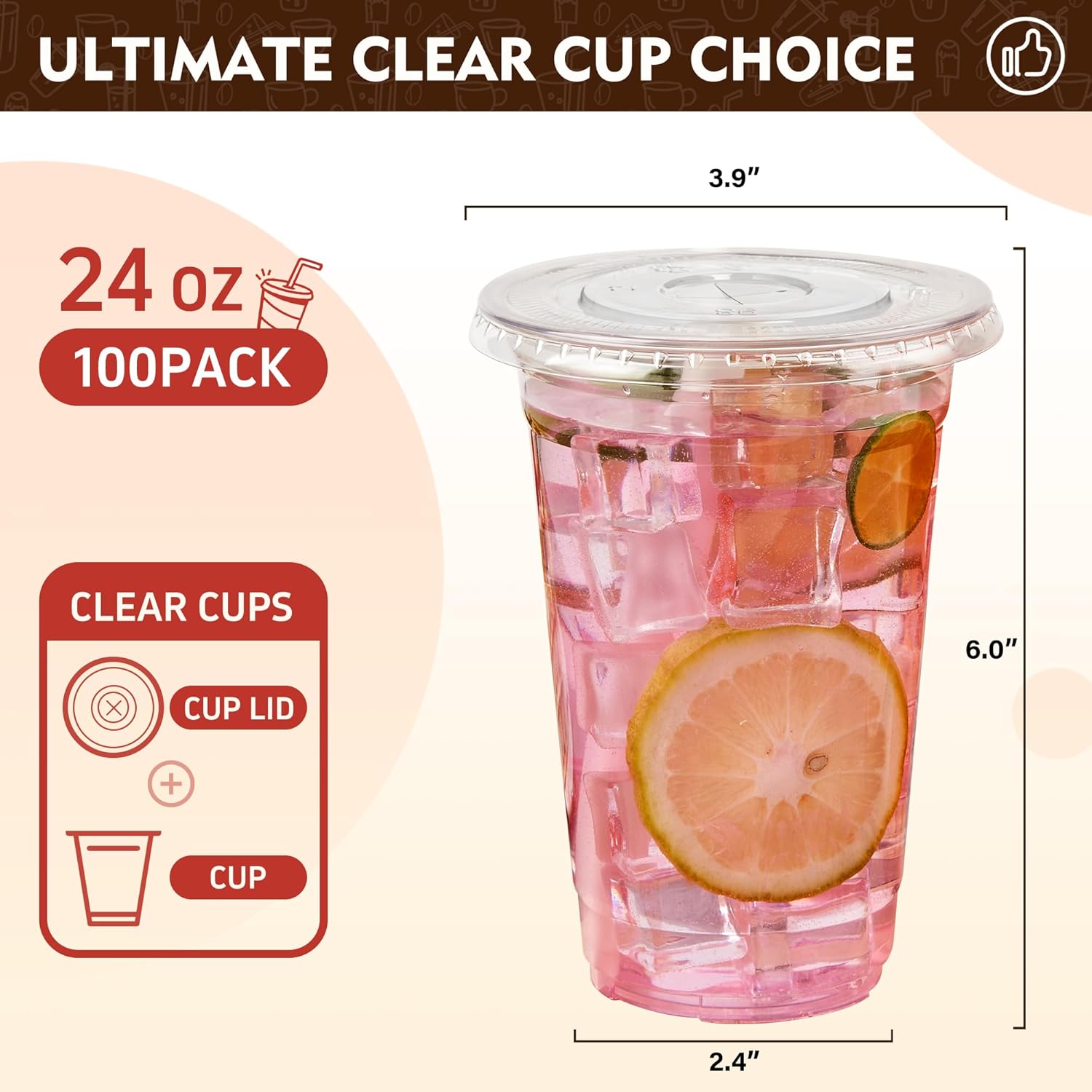 YEEHAW 24 oz. - 100 Pack Clear Plastic Cups With Lids, Disposable Iced Coffee Cups with Flat Lids, Crystal Smoothie Cup for Party, Lemonade Stand, Cold Drinks, Juice, Milkshake - Image 2