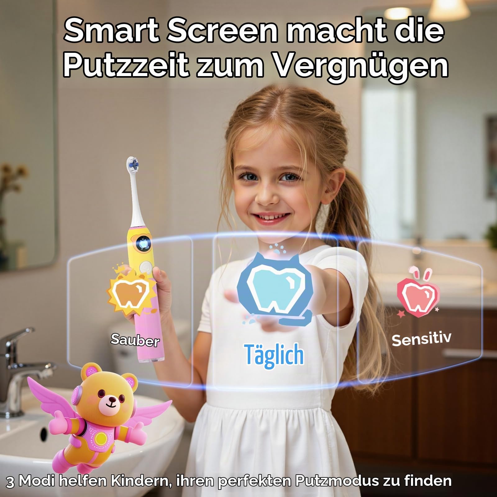 Seago Kinder Elektrische Zahnbürste ab 6 Jahren mit LCD-Bildschirm, Drucksensor, 2-Min-Timer, 80 Tage Akkulaufzeit, 3 Putzmodi, 8 Bürstenköpfen und personalisierbaren Aufklebern SG-2772 Rosa
