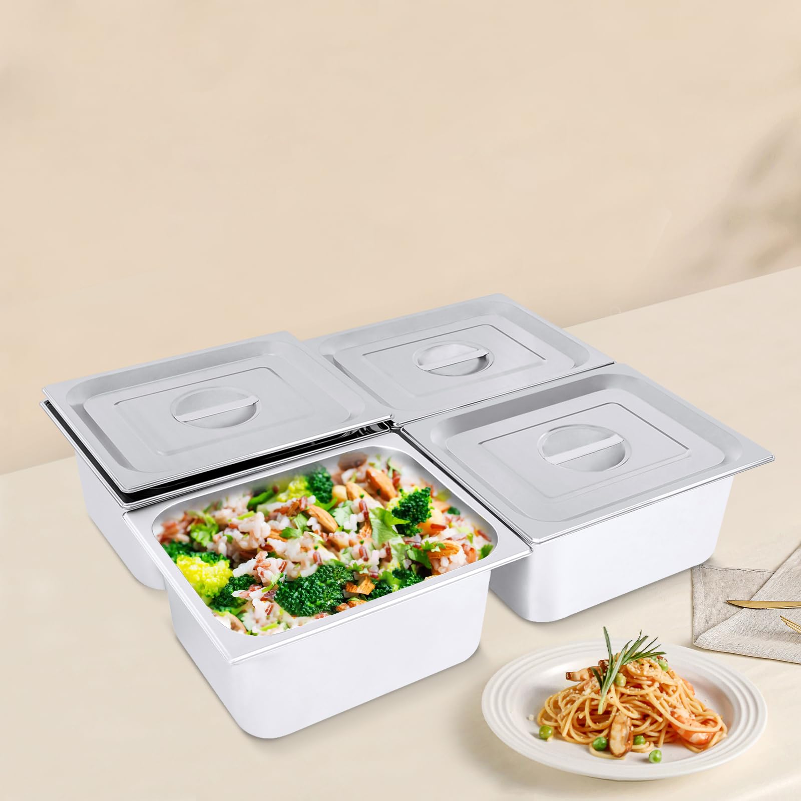 Contenedores de gastrobeLter de acero inoxidable con tapa, contenedor Gn para restaurantes, hoteles, fiestas, gastronorm, juego de 4 piezas, 12,8 x 10,4 x 6 pulgadas