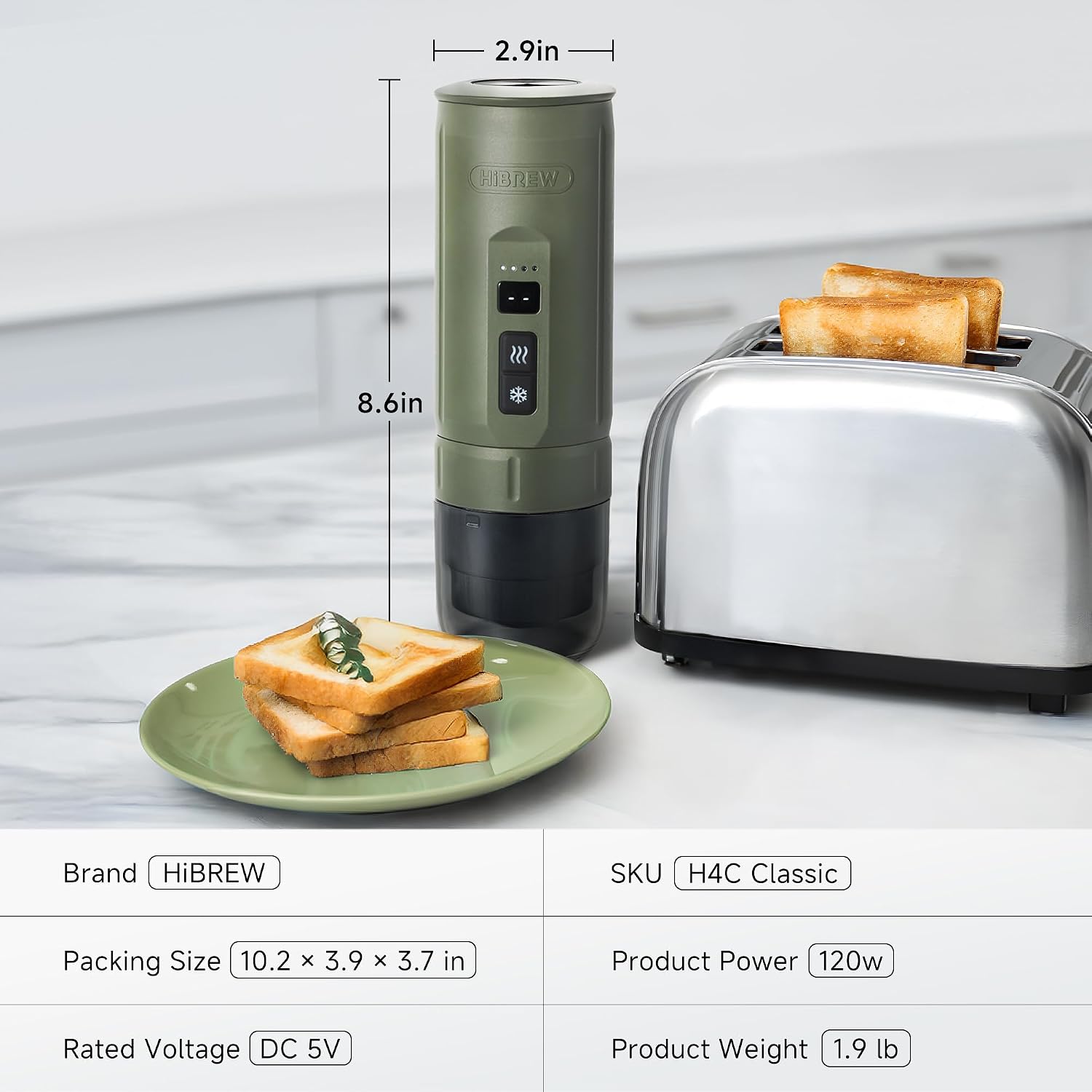 Diagram showing the dimensions of the HIBREW H4C Classic espresso machine: 2.9 inches diameter and 8.6 inches height.