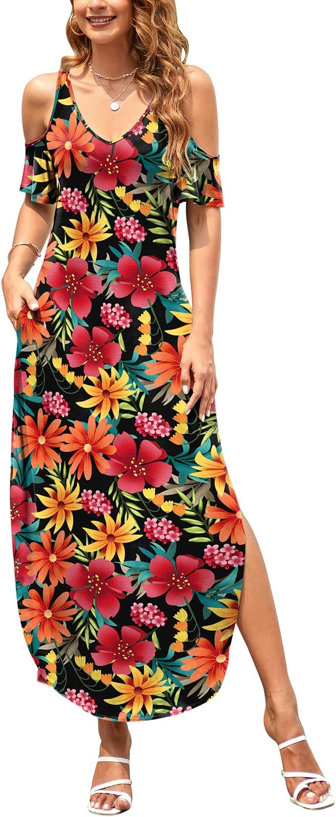Women's Summer Maxi Dresses Cold Shoulder Short Sleeve Long Dress