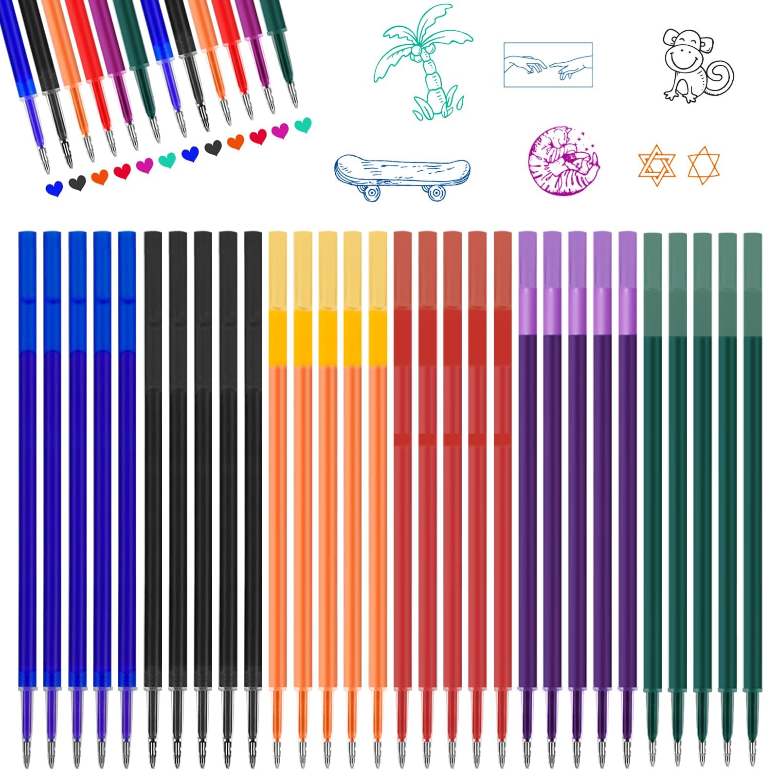 Ricariche Cancellabili Compatibili con Legami, Punta 0,7mm, 30 Pezzi, Blu Nero Rosso Verde Viola Arancione
