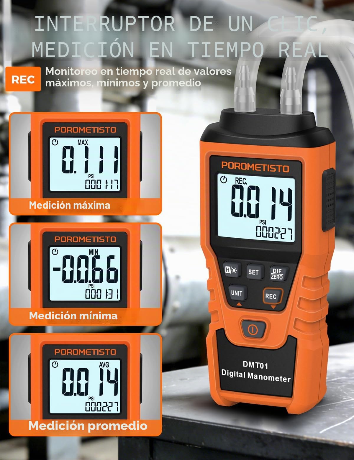 DMT01 Manómetro Digital Precisión, ±5 PSI / ±34.47 kPa, 12 Unidades, HVAC Diferencial, ±0.3% FS, Doble Puerto Gas, Retroiluminación, Retención de Datos, Ajuste Manual Cero