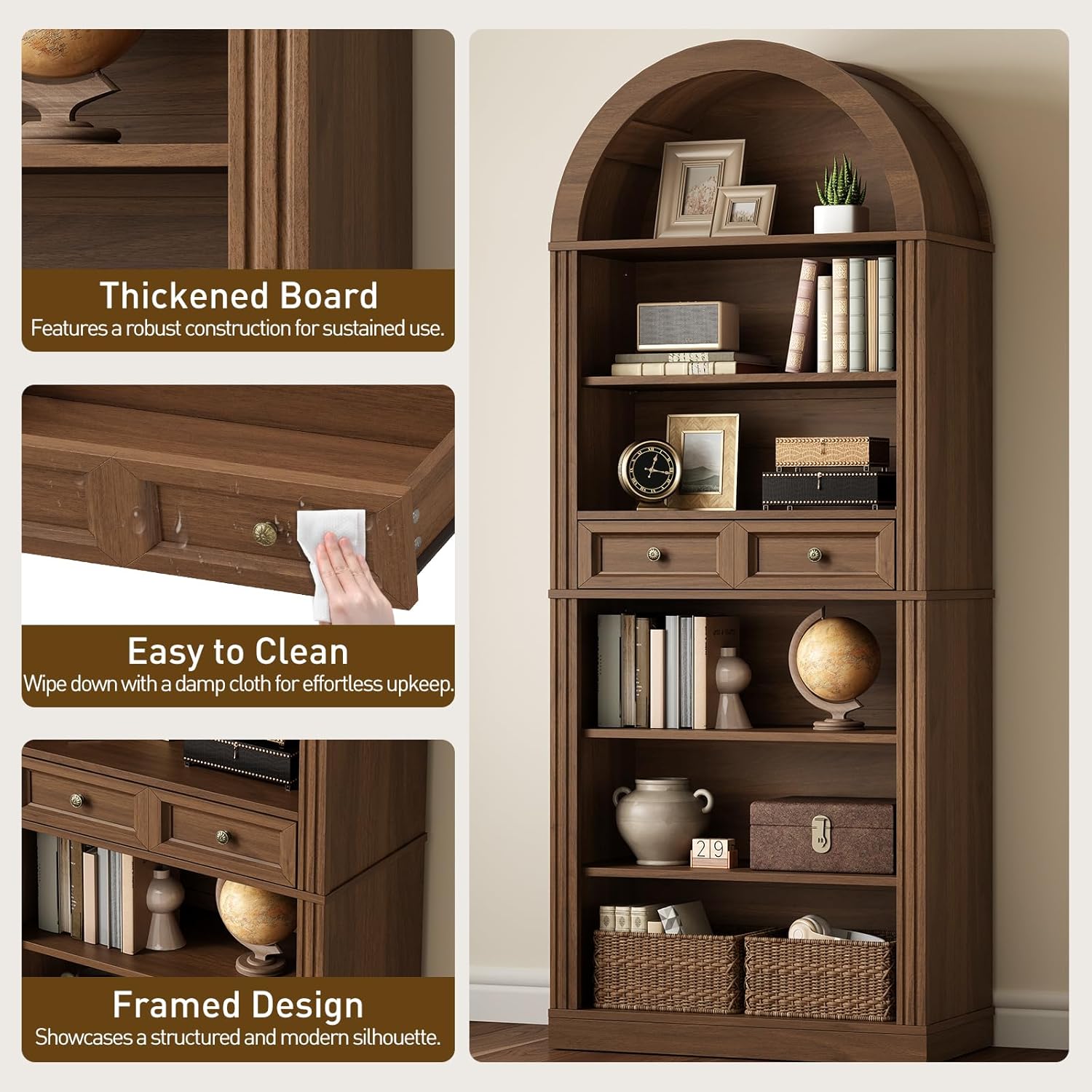 RALGEND Arched Bookshelf, 73" Tall Arch Bookcase with Drawers, 6-Tier Farmhouse Book Shelf, Wooden Bookshelf with Open Display Shelves for Living Room, Office, Adjustable Shelf, Walnut