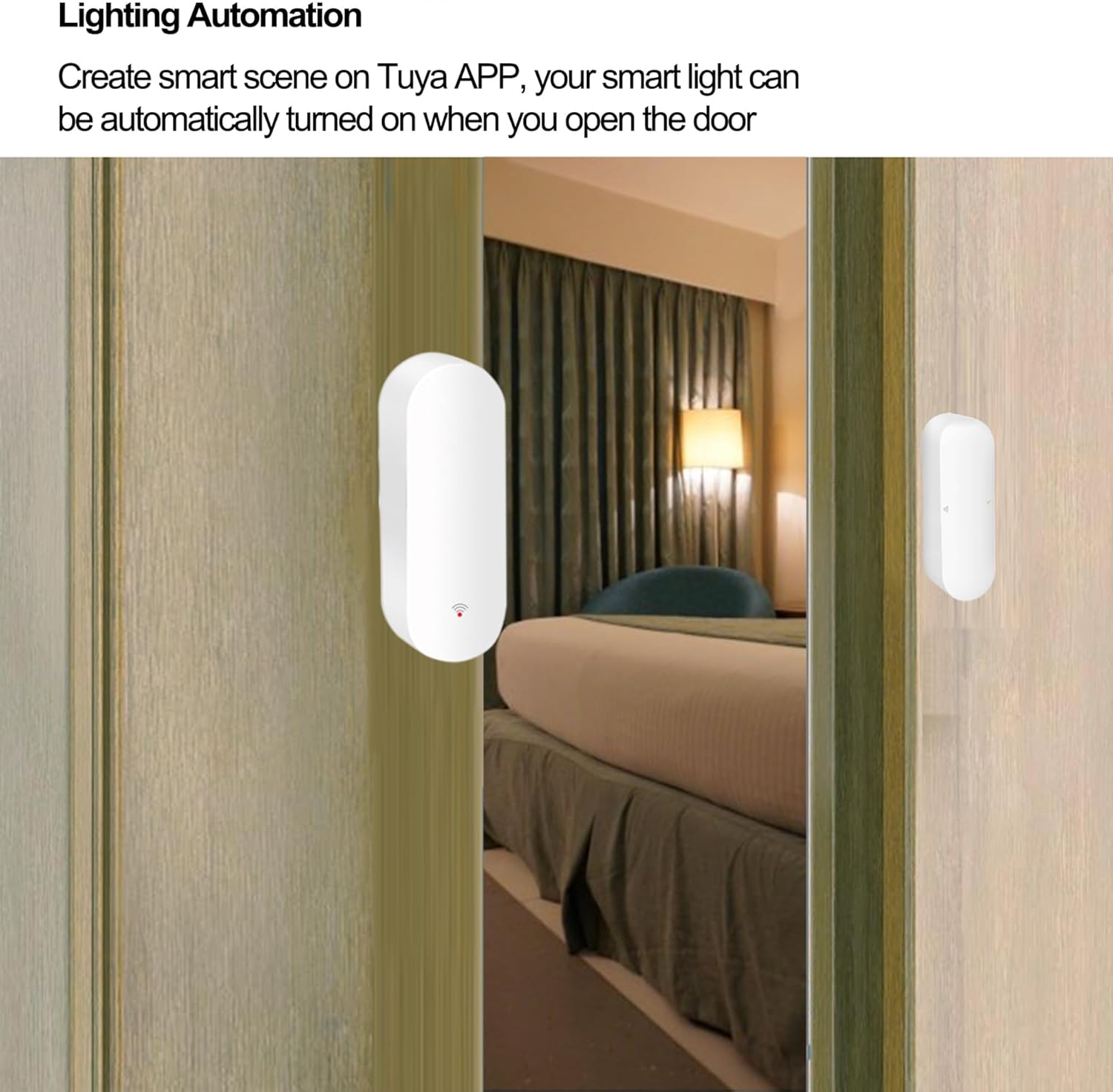 Image showing a door sensor installed on a door, with text 'Lighting Automation: Create smart scene on Tuya APP, your smart light can be automatically turned on when you open the door'.