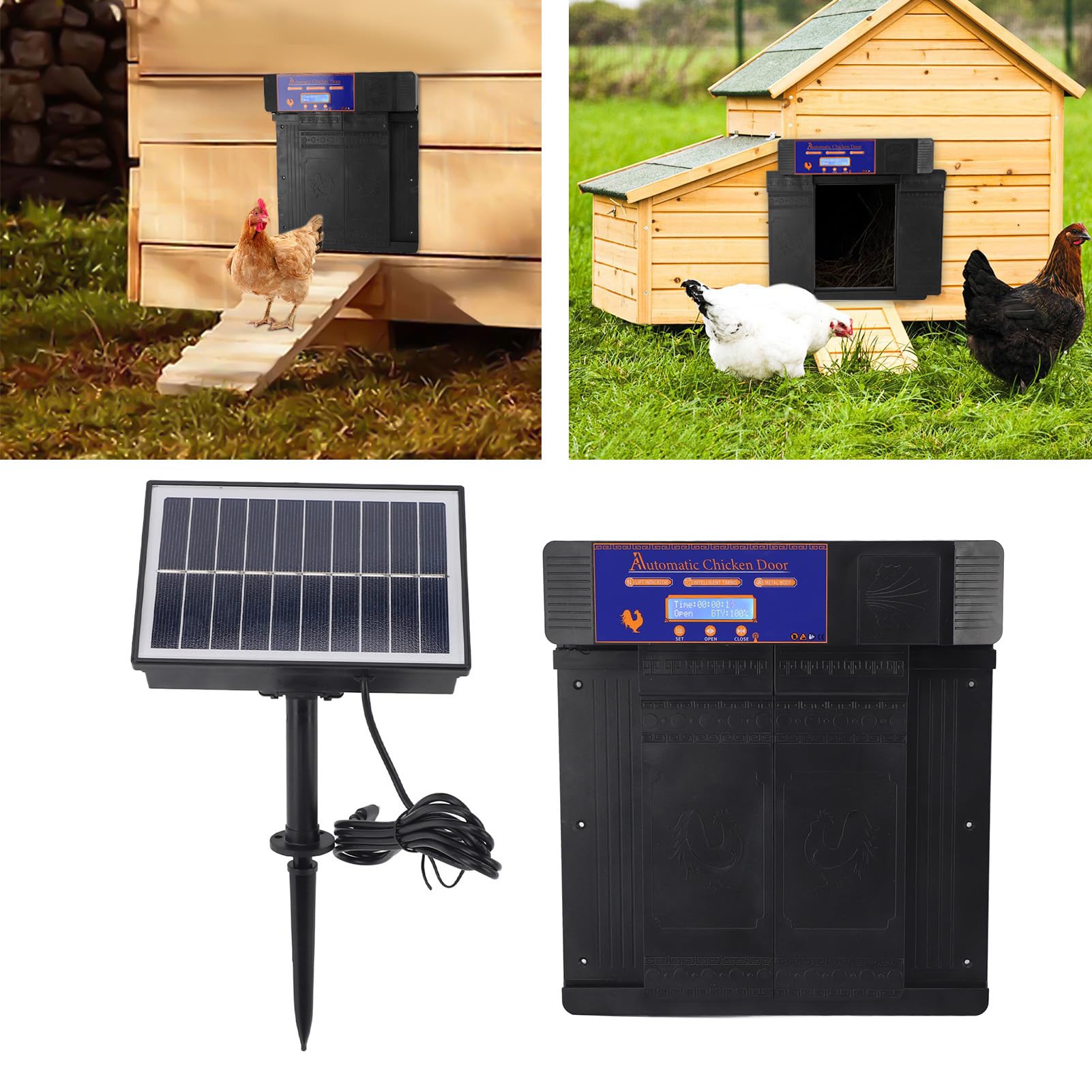 Apriporta Automatico Per Pollaio,Porta Automatica Per Pollai Alimentata A Batteria Solare,Design Anti-Pizzicamento A Doppie Porte Apriporta Elettrico Per Pollaio Con Controllo (Black)