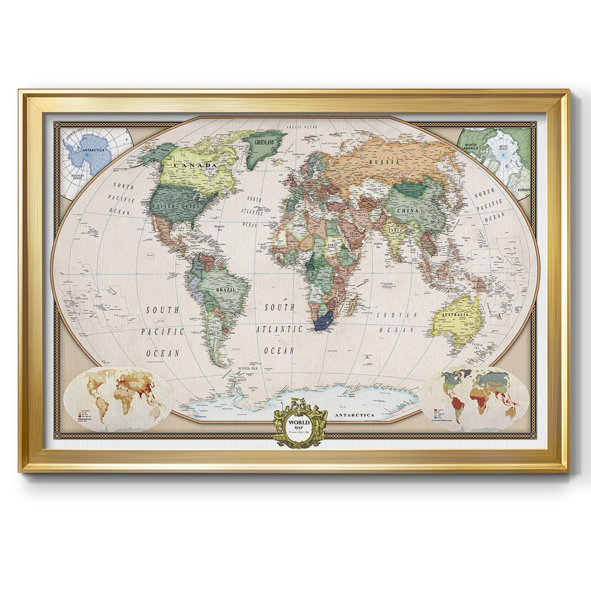 Renditions Gallery Colorful World Map Canvas Wall Art with Gold Frame Wall Hanging Travel Map with Push Pins for Home, Office, Classroom