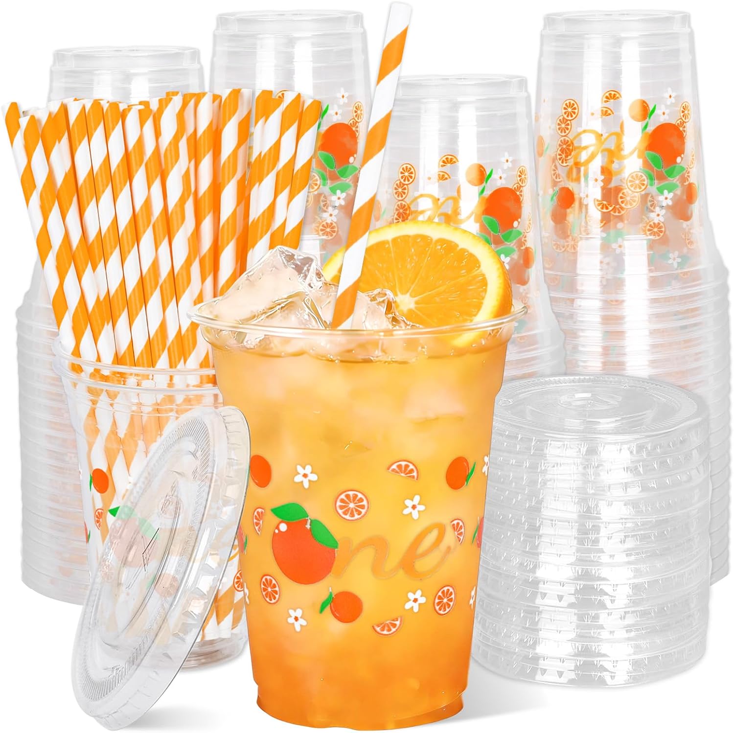 Whaline 50Pcs Little Cutie Disposable Plastic Cups with Lids and Straws 12Oz Cute Orange Citrus Cold Beverage Drinking Cups for First Birthday Baby Shower Party Supplies