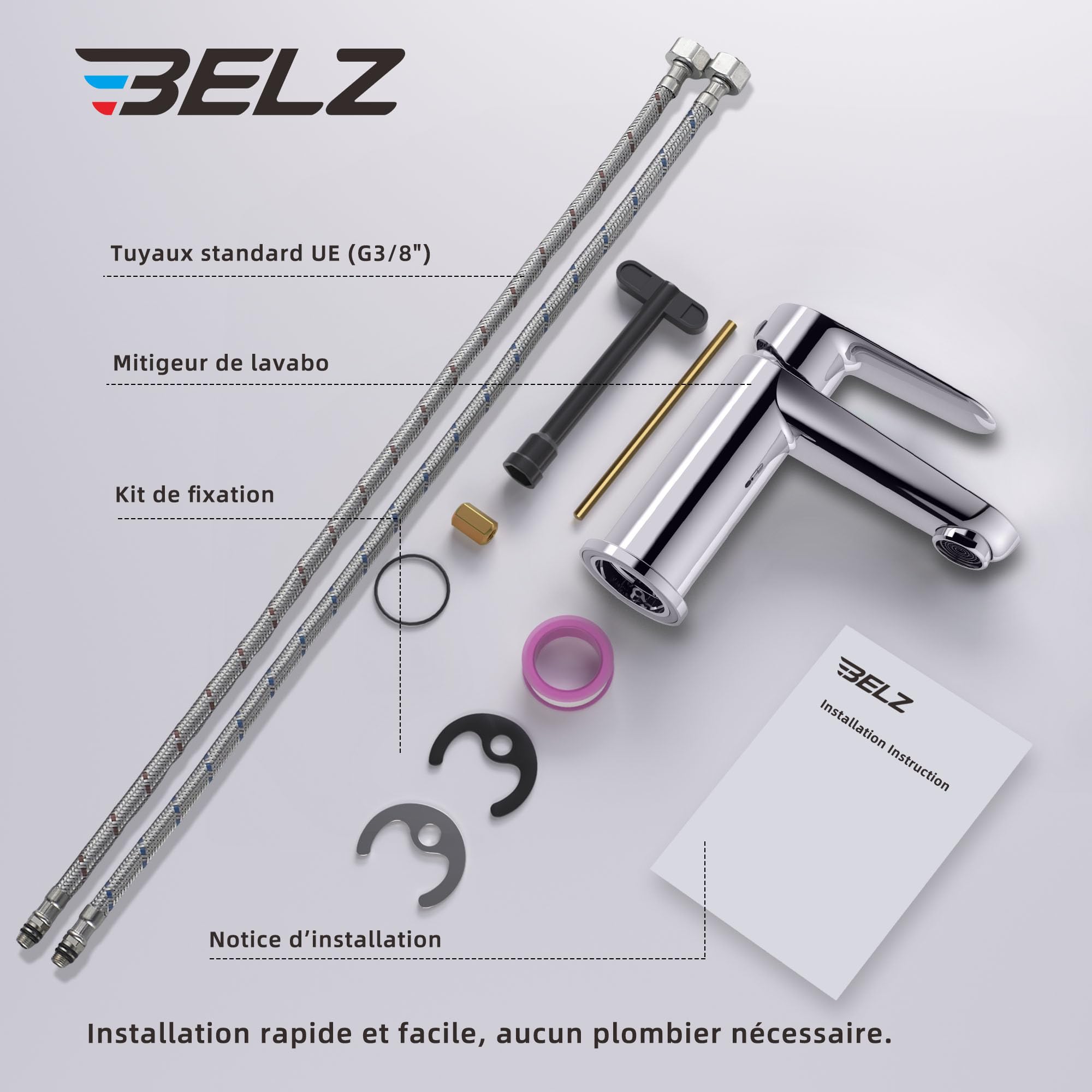 BELZ Robinet de Salle de Bain, Mitigeur de Lavabo Moderne - Laiton, Économiseur D'Eau et Durable, Chromé