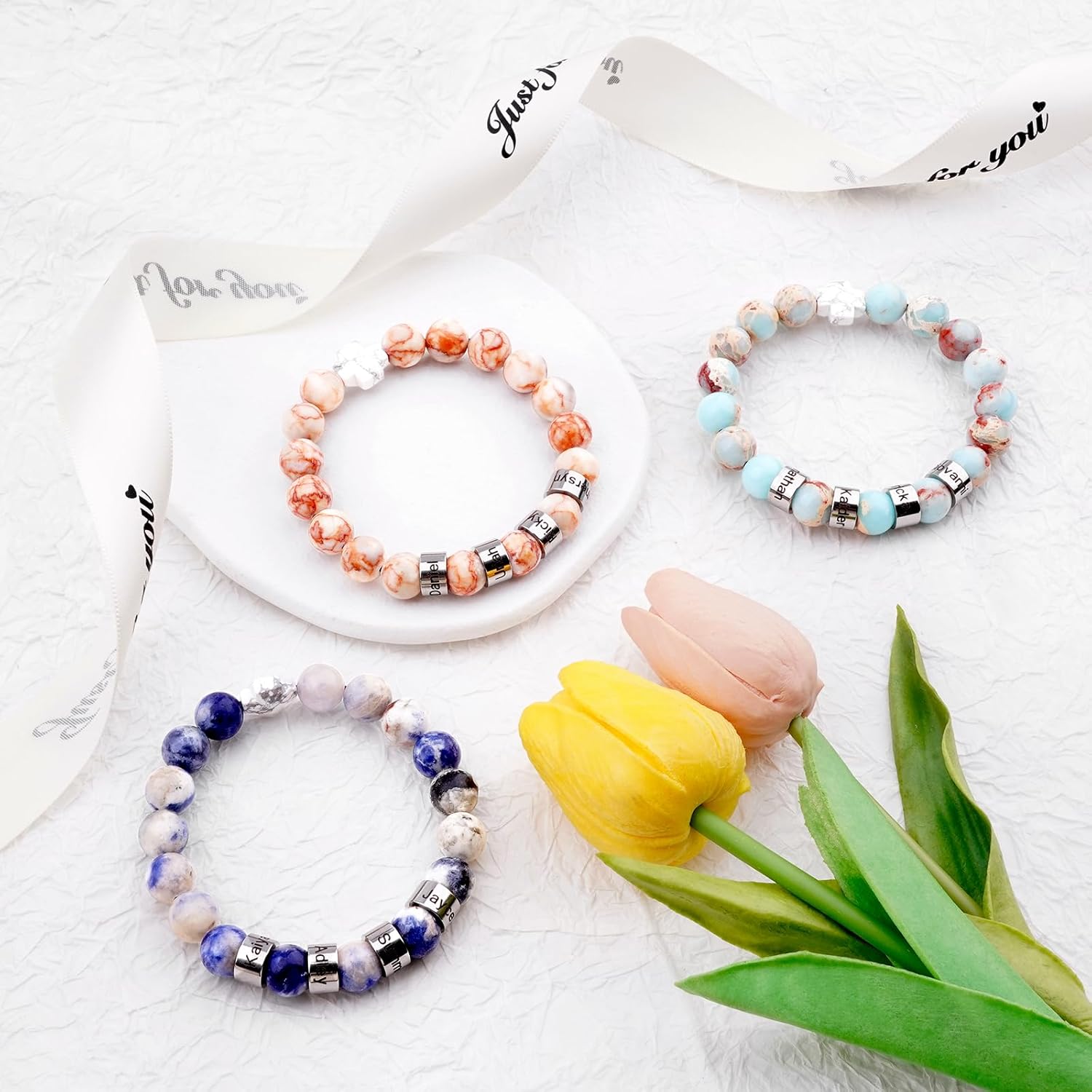 Personalized Women's Beaded Bracelet Engraved Name Natural Stone Braided Rope Bracelet Custom Enhance Positive Energy Gift for Mom Wife Girlfriend, Grandmother