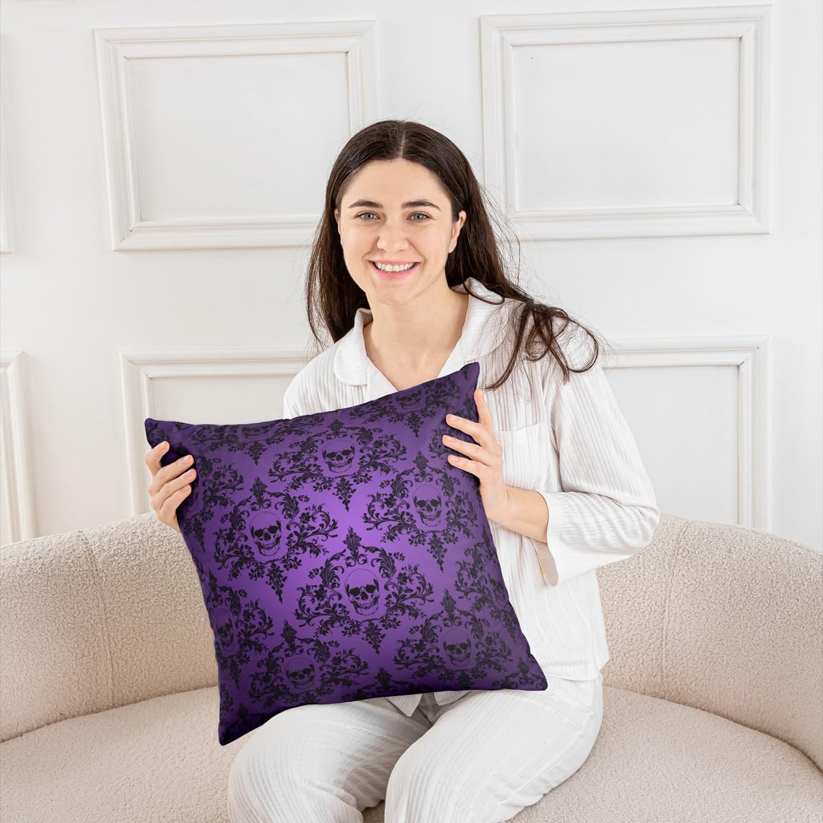 Castle Fairy Skull Skeleton BOH Flowers Pillow Cover,Nordic Style Purple Pack of 2 Cushion Cover for Bed or Sofa,Happy Halloween Theme Reversible Print Couch Pillow Cover,22"x 22"