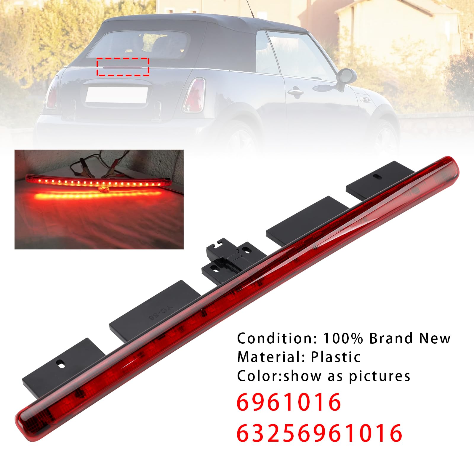 Dritte Bremsleuchte für Mini Cooper Cabrio R52 2003-2008,Ersatzteil 63256961016 6961016,Hintere Zentralleuchte Rot,Kunststoff Gehäuse Schwarz,Direkter Austausch