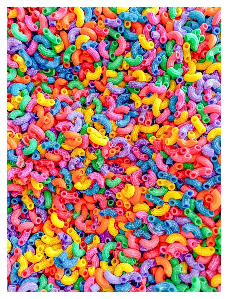 2 cups of rainbow pasta sensory bin filler for sensory table - elbow noodles