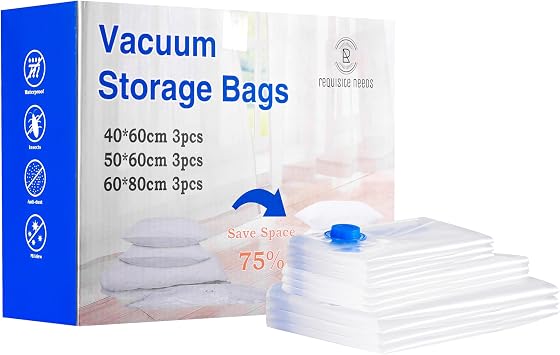 Requisite Needs Vacuum Storage Bags, 9 Pack Space Saver Compression Bags with Durable Protective Seal, 3 Sizes 40x60cm, 50x60cm, 60x80cm, Waterproof Reusable for Clothes, Bedding
