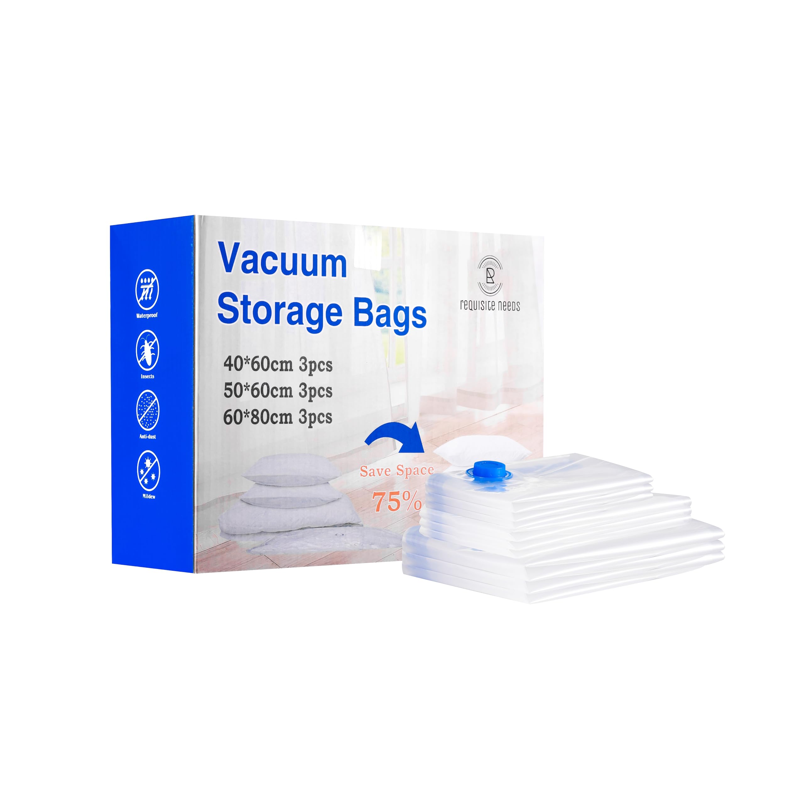 Requisite Needs Vacuum Storage Bags, 9 Pack Space Saver Compression Bags with Durable Protective Seal, 3 Sizes (40x60cm, 50x60cm, 60x80cm), Waterproof Reusable for Clothes, Bedding