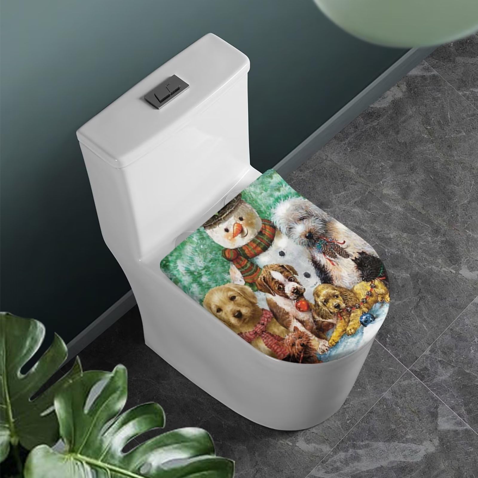 COEQINE Toilet Bowl Cover Lid Cute Christmas Snowman Dog Priunt Toielt Lid Cover With Elastic Edge Washable Replacement Toilet Lid Cover for Bathroom Accessories