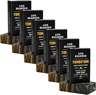 Live Bearded All-Natural Bar Soap for Men, 6-Pack of 5 oz - Made in the USA - Exfoliates and Moisturizes - Charcoal, Pumice, Shea Butter | Tombstone Scent - Sweet Tobacco, Cedar