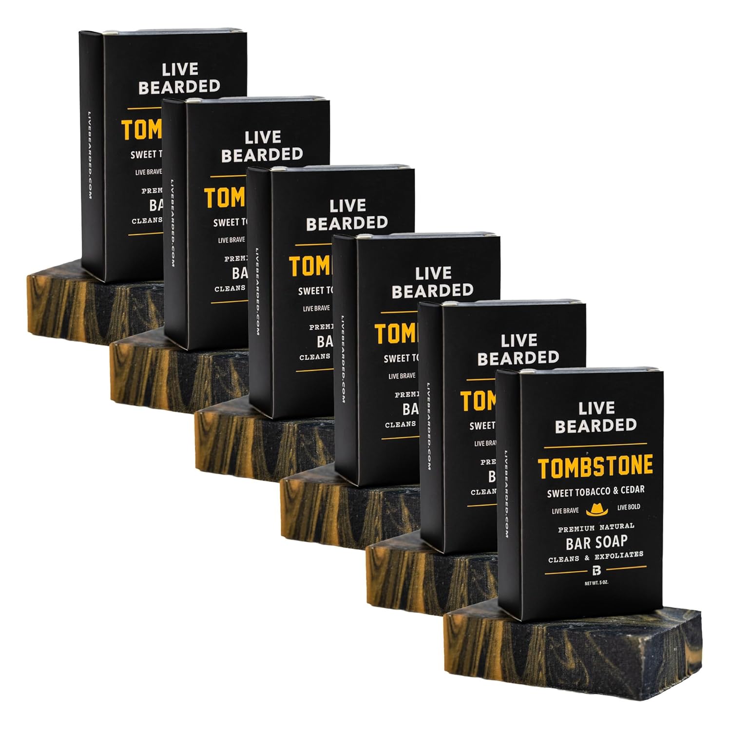 Live Bearded All-Natural Bar Soap for Men, 6-Pack of 5 oz - Made in the USA - Exfoliates and Moisturizes - Charcoal, Pumice, Shea Butter | Tombstone Scent - Sweet Tobacco, Cedar