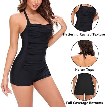 Womens One Piece Tummy Control Swimming Costumes Ladies Ruched Boyleg Swimsuits with Removable Foam Cups