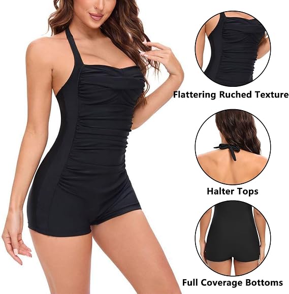 Womens One Piece Tummy Control Swimming Costumes Ladies Ruched Boyleg Swimsuits with Removable Foam Cups