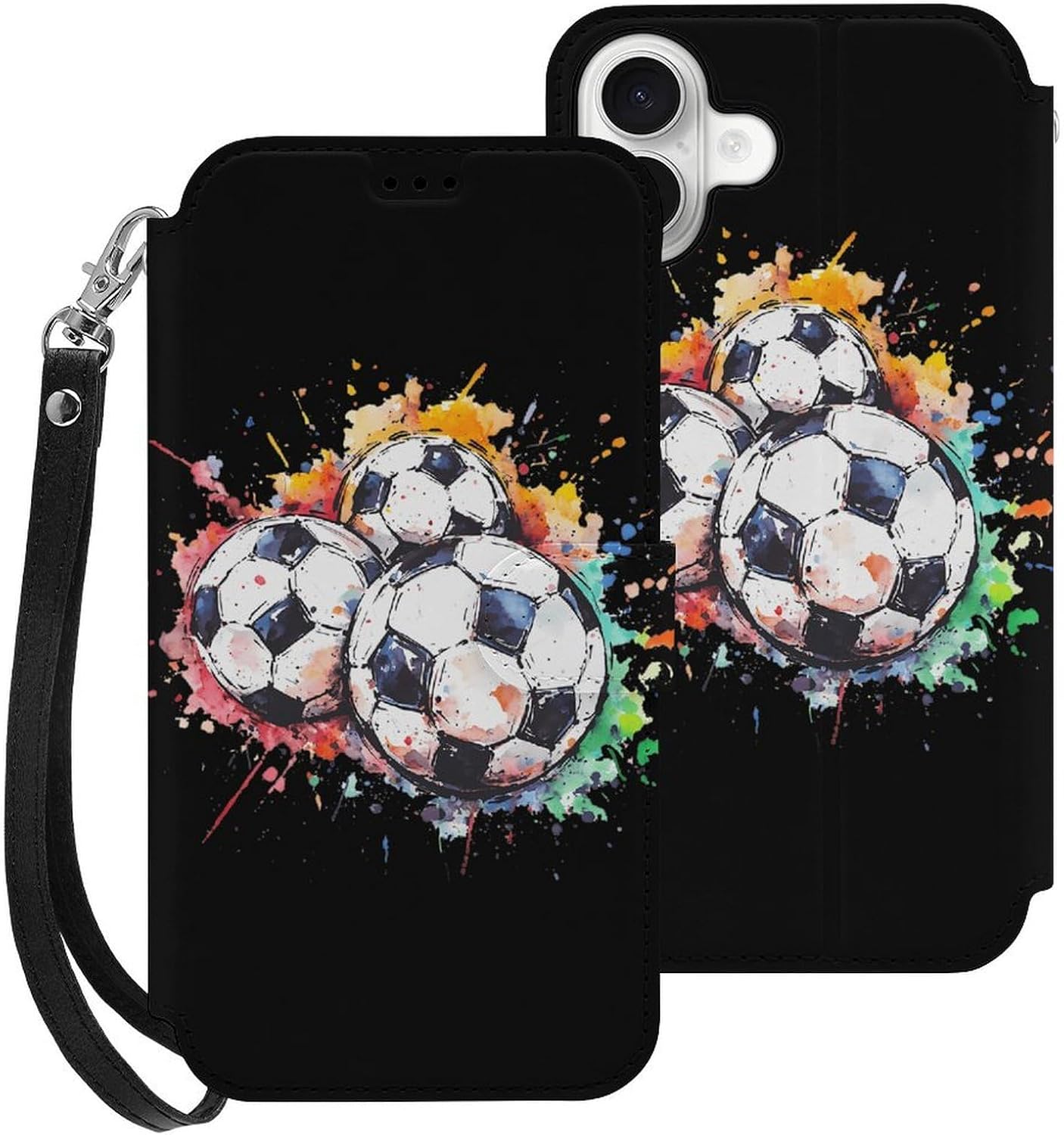 Three Soccer Balls Footballs Compatible with iPhone 16/16 Plus/16 Pro/16 Pro Max/16 E Case Phone Wallet Card Holder Flip Cover with Wrist Strap
