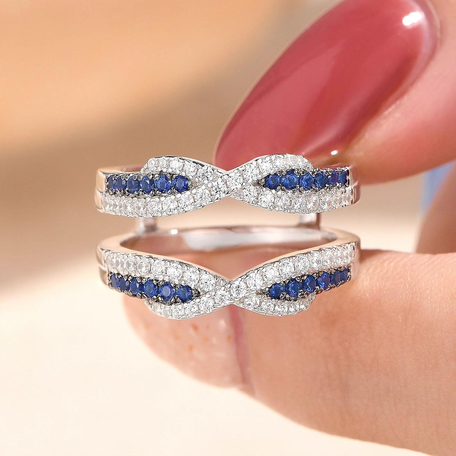 SHELOVES Blue Sapphire White CZ Ring Enhancer for Engagement Rings Infinity Wrap Guard 925 Sterling Silver 5-10 - Image 3