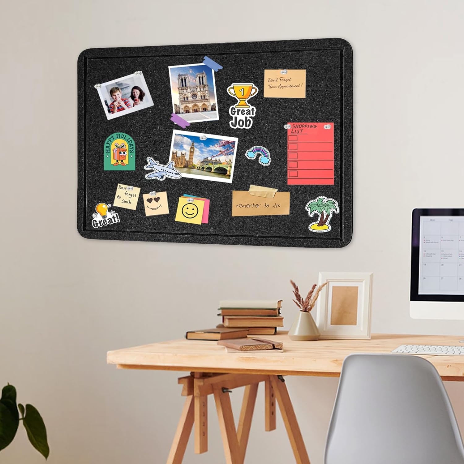 Large Bulletin Board, 36 x 24 Inches Felt Board Pin Board for Wall, Foldable Decorative Large Cork Board with Self-Adhesive Tape, Photo Display Board for Office, Includes 10 Push Pins, Black
