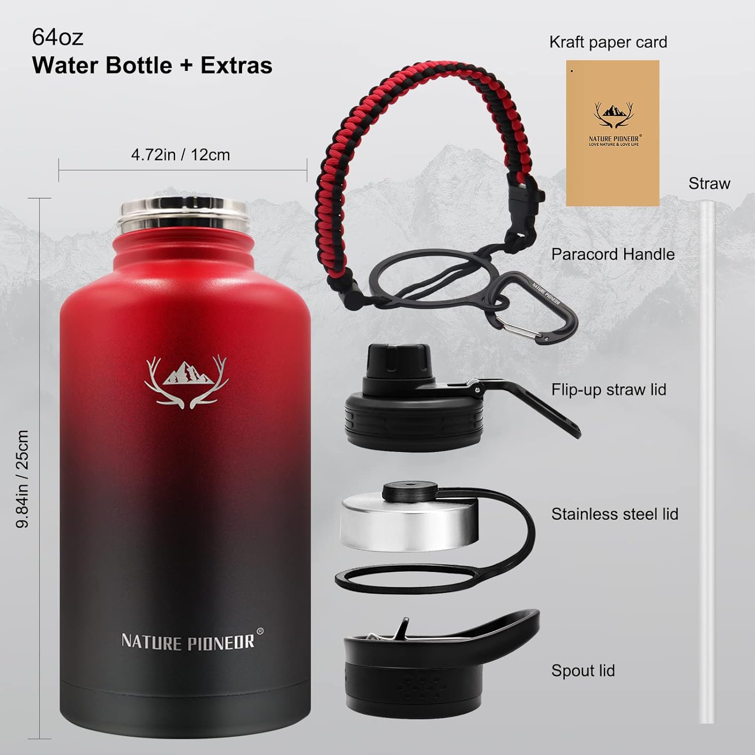NATURE PIONEOR Insulated Water Bottles with Paracord Handle - 64 oz Vacuum Sports Wide Mouth Water Bottle with 3 Lids, Leak Proof Stainless Steel Keeps Hot and Cold - Image 6