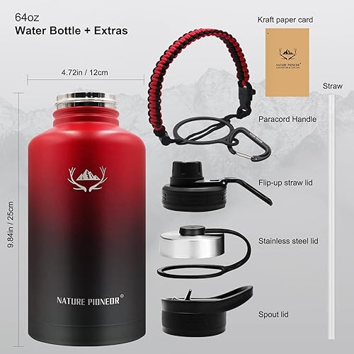 Miniatura 6 de NATURE PIONEOR Botellas de agua aisladas con mango de paracaídas, 24324064 onzas, botella de agua deportiva de boca ancha con 3 tapas, de acero