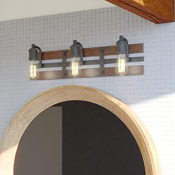 VAXCEL Carrington 3-Light 23.75 inch Wide Matte Black and Deep Walnut Wooden Farmhouse Bathroom Vanity Lighting Fixture, Dimmable, LED Compatible, Reversible Over the Mirror Mounted Wall Sconce
