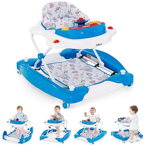 INFANS Andador de bebé, 5 en 1 Behind Walker, mecedora sentada con bandeja de música extraíble, altura ajustable, cojín de asiento lavable, centro
