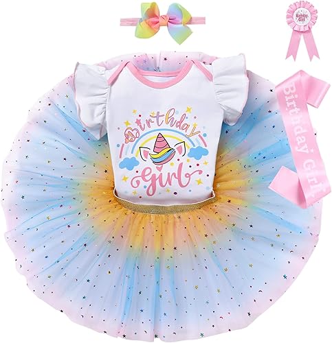 Miniatura 3 de IBTOM CASTLE Conjunto de falda de unicornio para bebé niña 1er 2do 3er cumpleaños, tutú arco iris, pastel de princesa, mameluco con diadema para