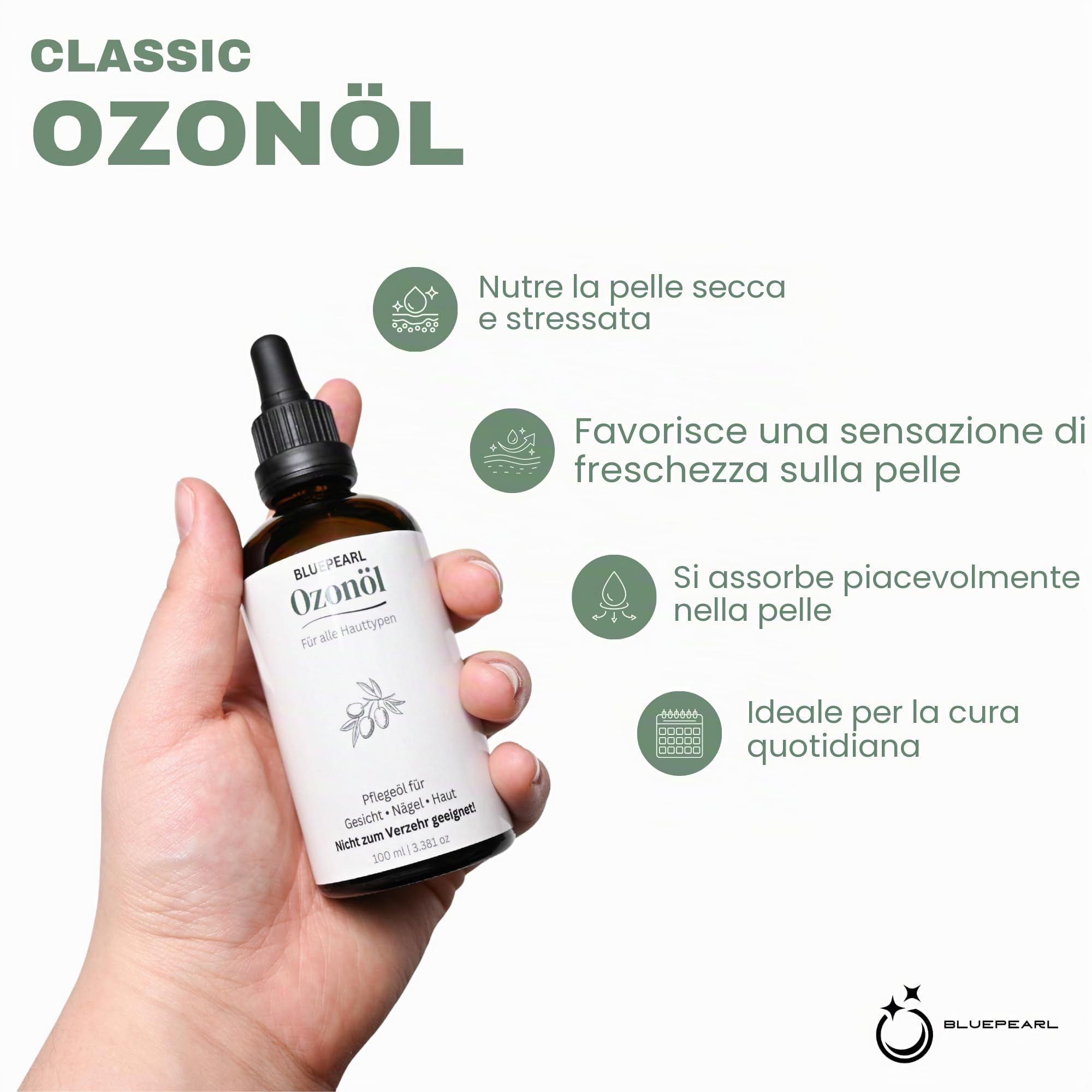 Olio di ozono, 100 ml, olio d'oliva naturale con ozono, prodotto in Austria, contro acne, imperfezioni della pelle, infezioni fungine, punture di insetti, imbottigliato a mano e ozonizzato per 48 ore