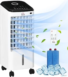 HOMCOM Air Cooler Fan Humidifier 3 in 1 on Wheels Remote Control 3 Modes 3 Speed Timer and Oscillating Tank 3.5L with 2 Ic…