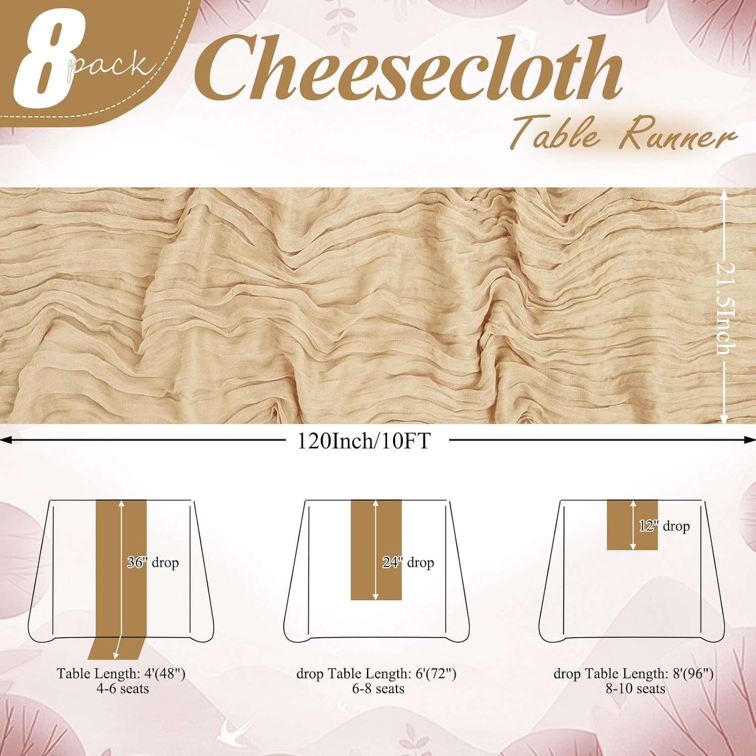 8 Packs Cheesecloth Table Runner 10FT Long Boho Gauze Fabric Table Runner Vintage Rustic Sheer Runners for Wedding Party Bridal Baby Shower Table Decorations (Beige )