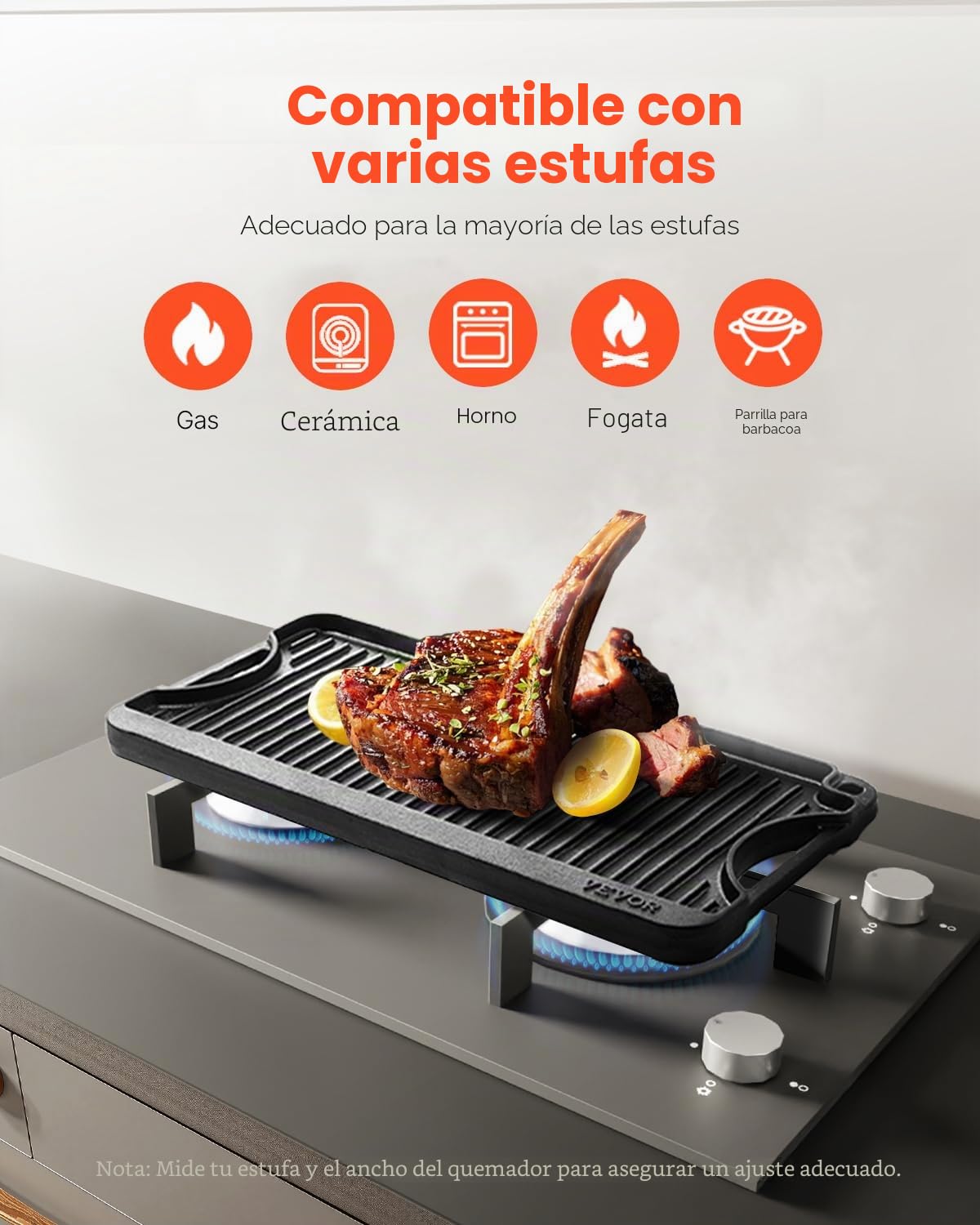 VEVOR Plancha Reversible de Hierro Fundido(492 x 218 mm), Sartén Rectangular Portátil con Asa, Utensilios de Cocina Familiares para Parrillas Interiores y Exteriores, Fácil de Limpiar, Negro