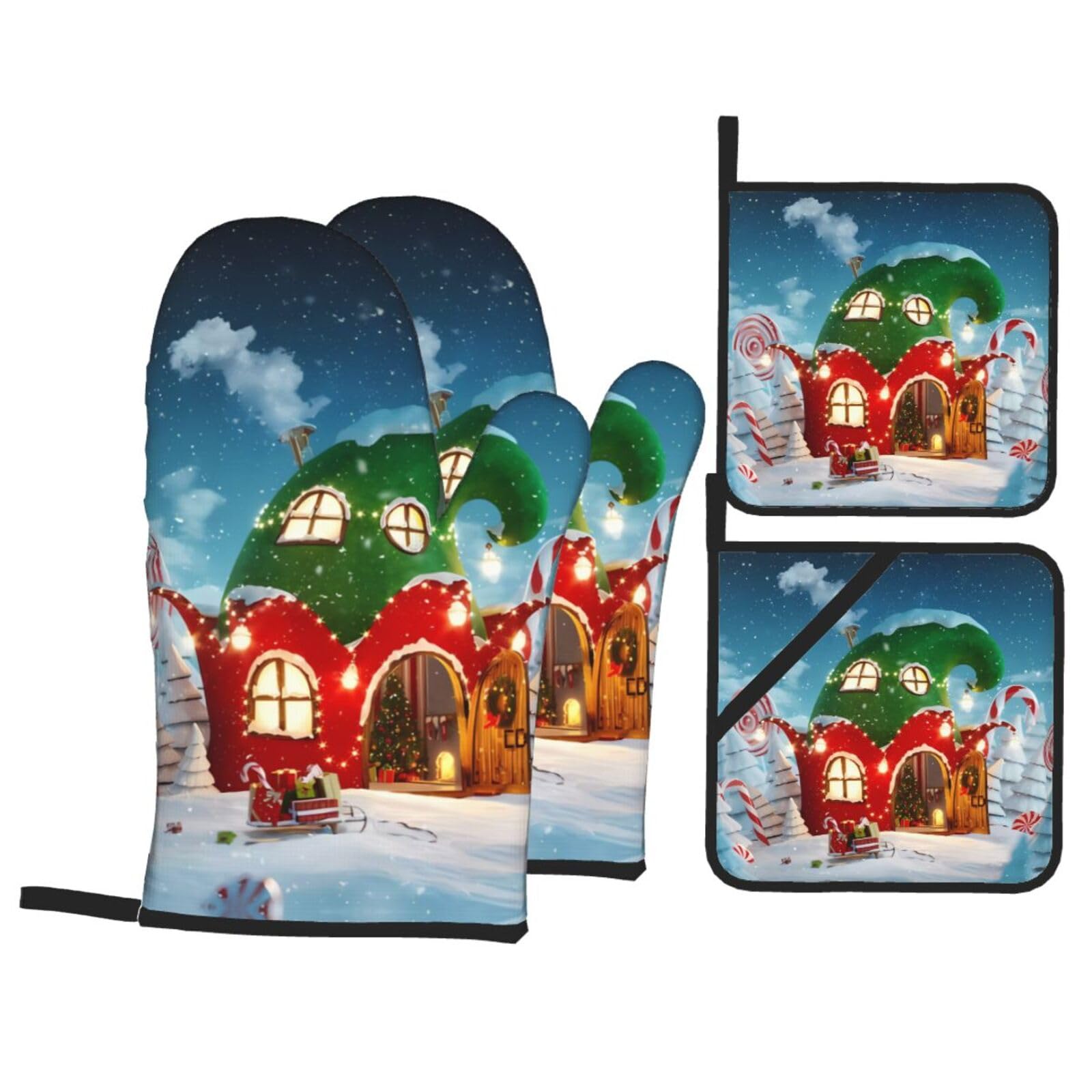 WHJSSF elfs house Prints Kitchen Baking Set - 4-Piece Heat Protection Layers with Waterproof Potholders for Oven, Grill & Serving