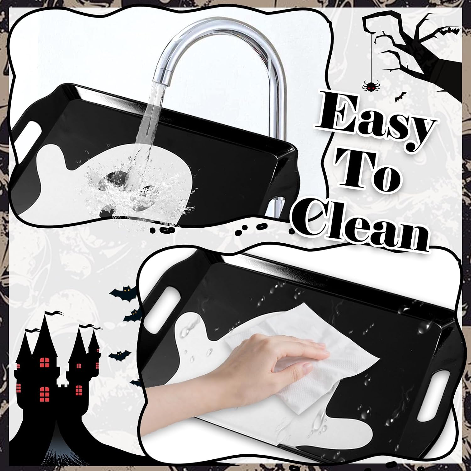 JarThenaAMCS 4 Pcs Halloween Ghost Serving Tray Black White Cute Ghost Handled Melamine Board Trick or Treat Serving Platter for Home Party Food Supplies