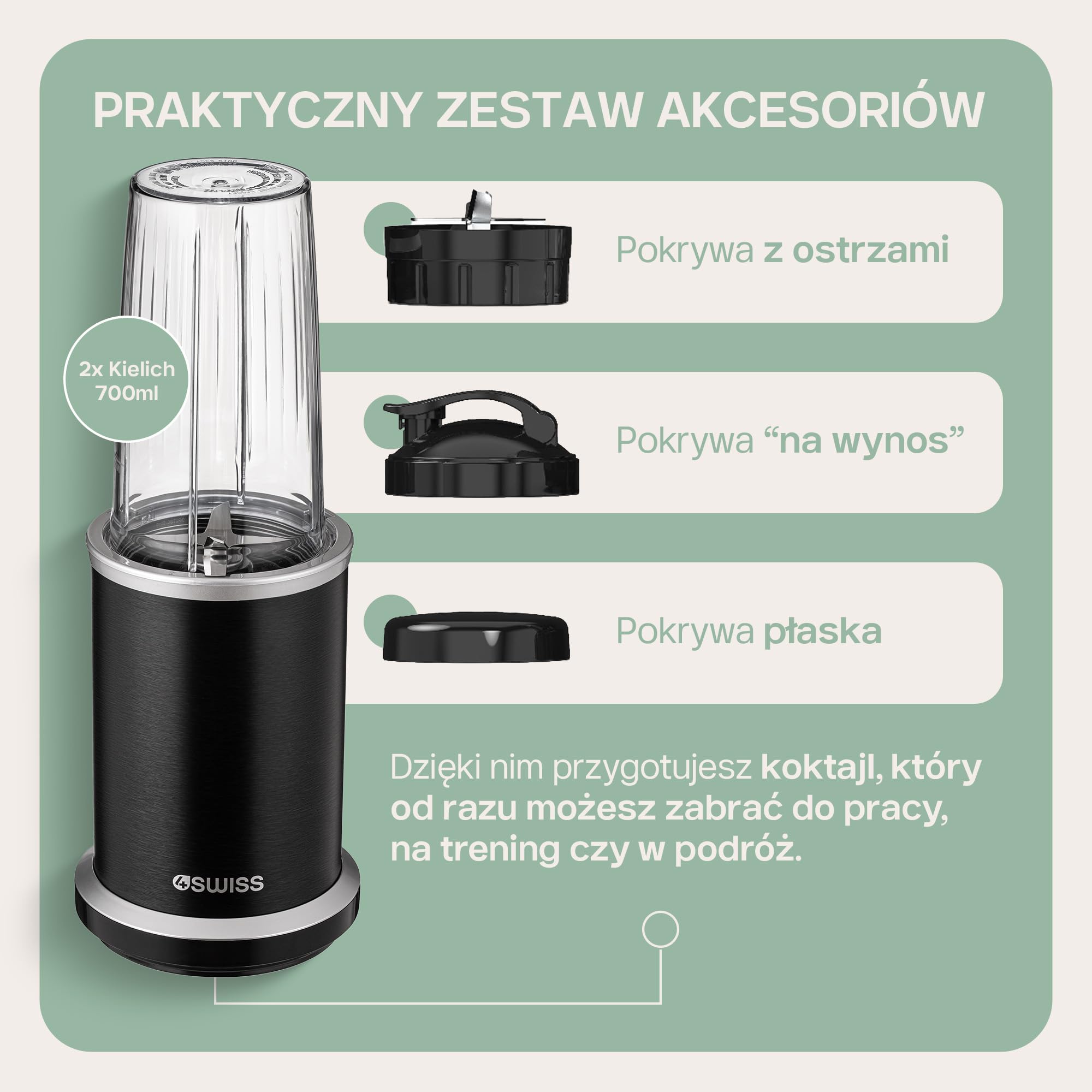 4Swiss Blender Kielichowy Kuchenny Mikser Elektryczny do Smoothie Koktajli Owoców Warzyw Mixer Małe AGD Wysokiej Mocy Wielofunkcyjny Lód Kruszenie Blendowanie Urządzenie Kuchenne – NB102 Czarny