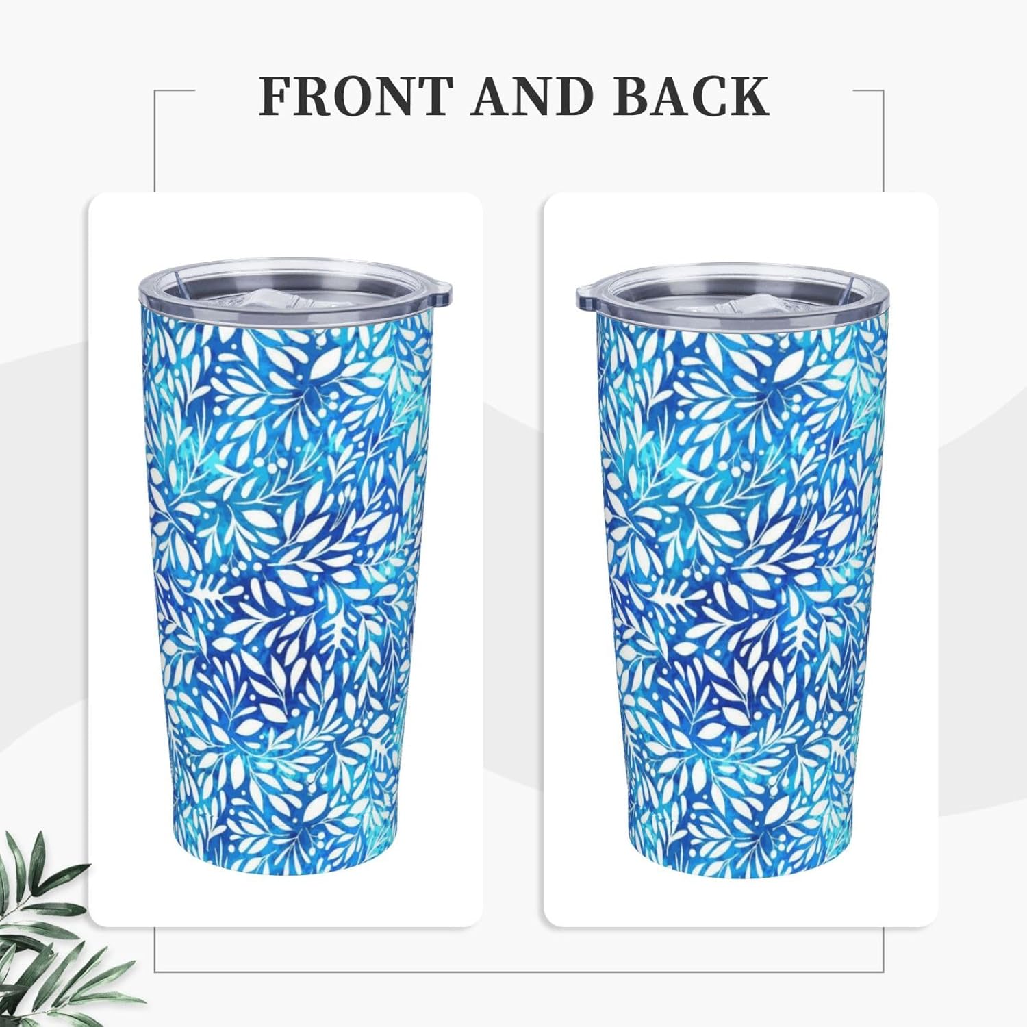 Botanical Floral Tumbler Cup with Lid and Straw, 20 oz Stainless Steel Insulated Travel Mug, Hot and Cold Water Bottle, Blue Leaves Souvenir for Men Women - Image 2