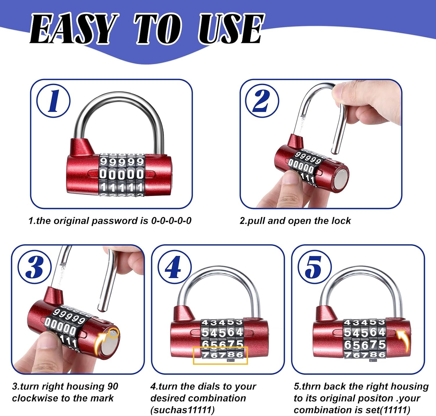4 Pcs 5 Letter Combination Lock, Heavy Duty 5 Digit Combination Lock Word Padlock Combination Lock 5 Letter Keyless Resettable Metal Lock for Gym Locker Toolbox Hasp Cabinet (Number)