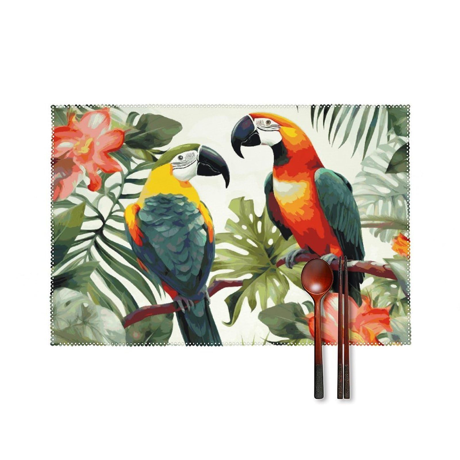 Toucans Parrot Palm Tree Leaves Placemats Washable Not Fade Placemats Practical Heat Resistant Place Mats for Outdoor Patio Table Mats Kitchen Dining Party Decoration